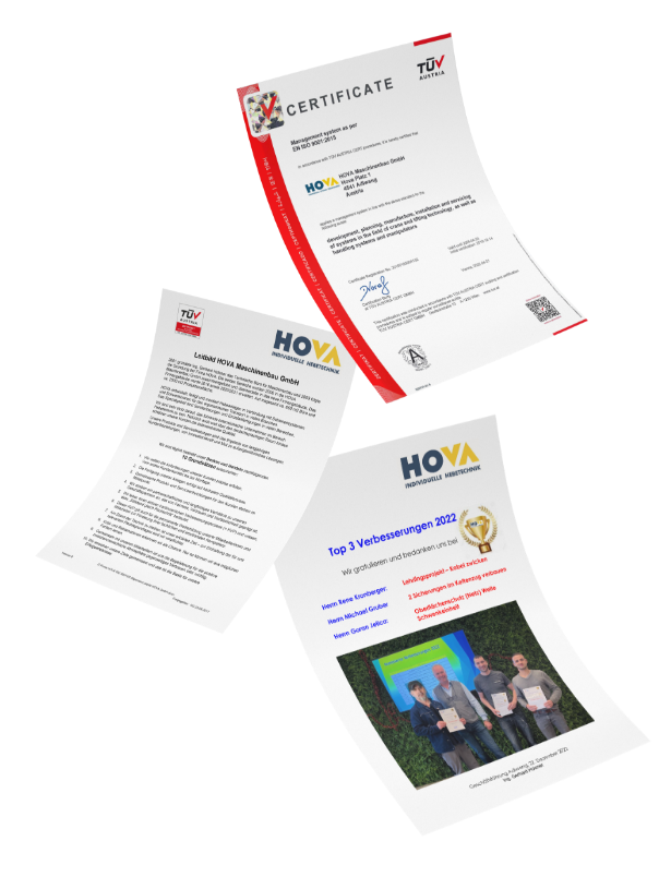 HOVA mission statement, improvements, ISO certificate Symbolic image of the documents